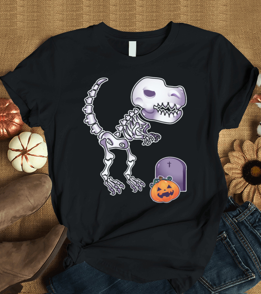 Halloween Dinosaur Skeleton Pumpkin Graveyard Scene T-Shirt