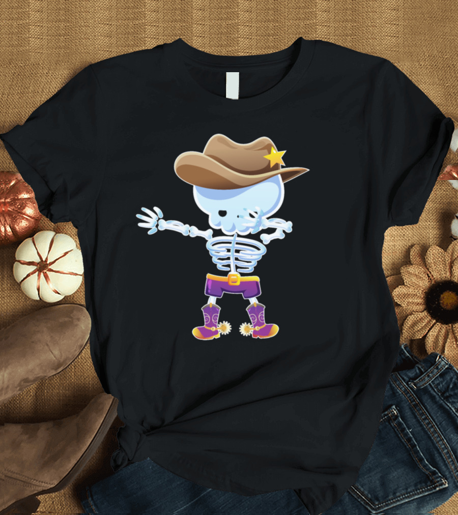 Halloween Dabbing Skeleton Cowboy Hat Boots T-Shirt