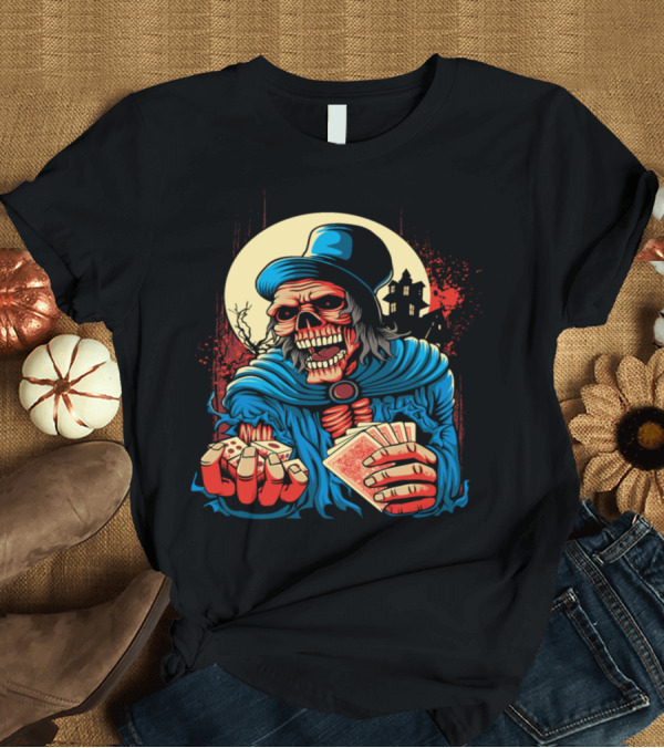T-Shirt: Zombie Skeleton Gambling Cards Game with Dice and Haunted House Vector T-Shirt Zombie Skeleton Gambling Cards Game with Dice and Haunted House Vector T-Shirt