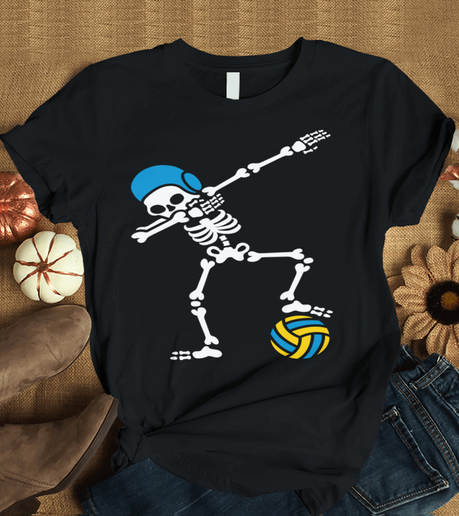 Dabbing Skeleton Water Polo Player with Blue Helmet and Ball T-Shirt