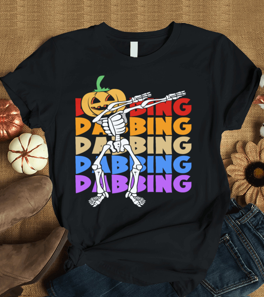 Retro Vintage Dabbing Pumpkin Head Skeleton Halloween T-Shirt