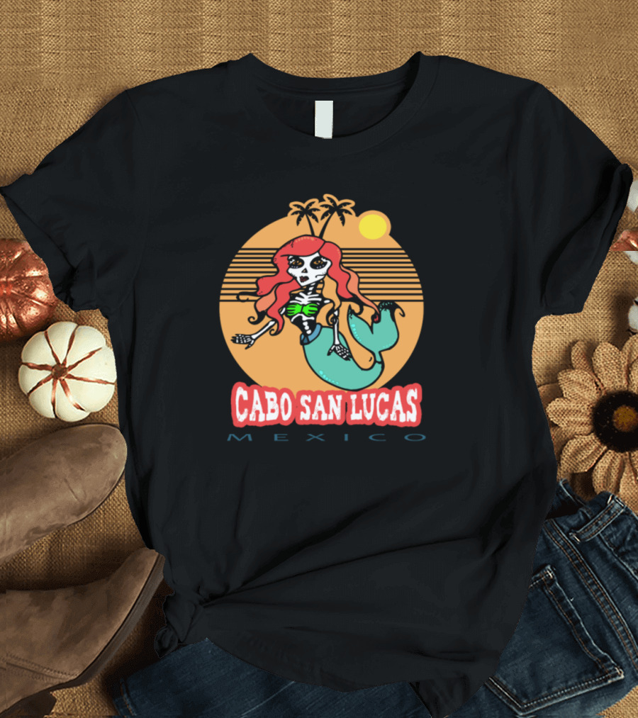 Cabo San Lucas Mexico Mermaid Skeleton Sun and Palm Trees T-Shirt