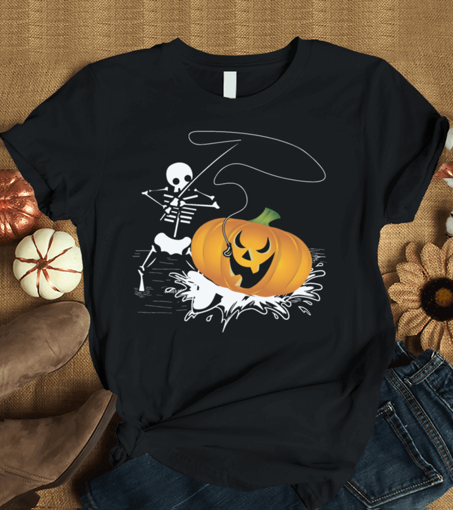 Skeleton Fishing for Jack-O'-Lantern Pumpkin T-Shirt