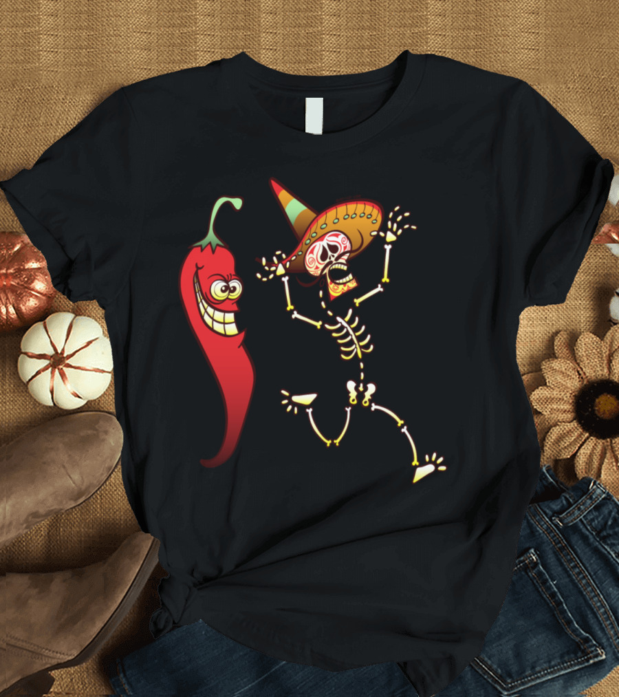 Hot Chili Pepper and Frightened Mexican Skeleton with Sombrero T-Shirt