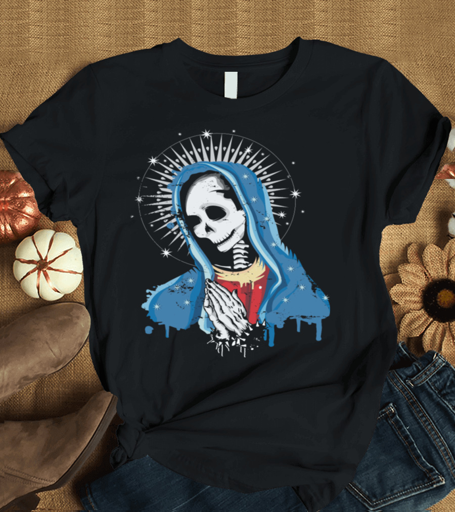 Virgin Mary Skeleton Prays with Radiant Halo T-Shirt