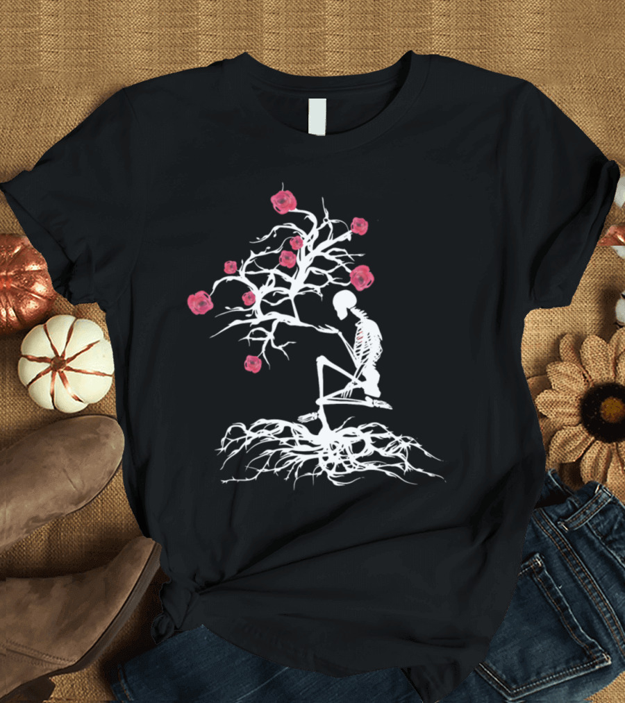 Skeleton Tree of Life with Blossoming Roses in White T-Shirt