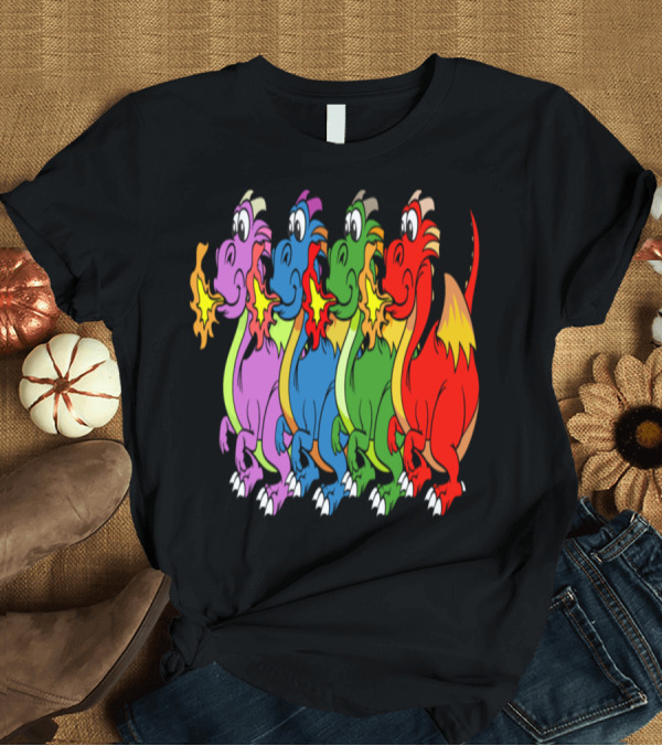 T-Shirt: Funny Dragons Colorful Cartoon Fire-Breathing Characters T-Shirt Funny Dragons Colorful Cartoon Fire-Breathing Characters T-Shirt