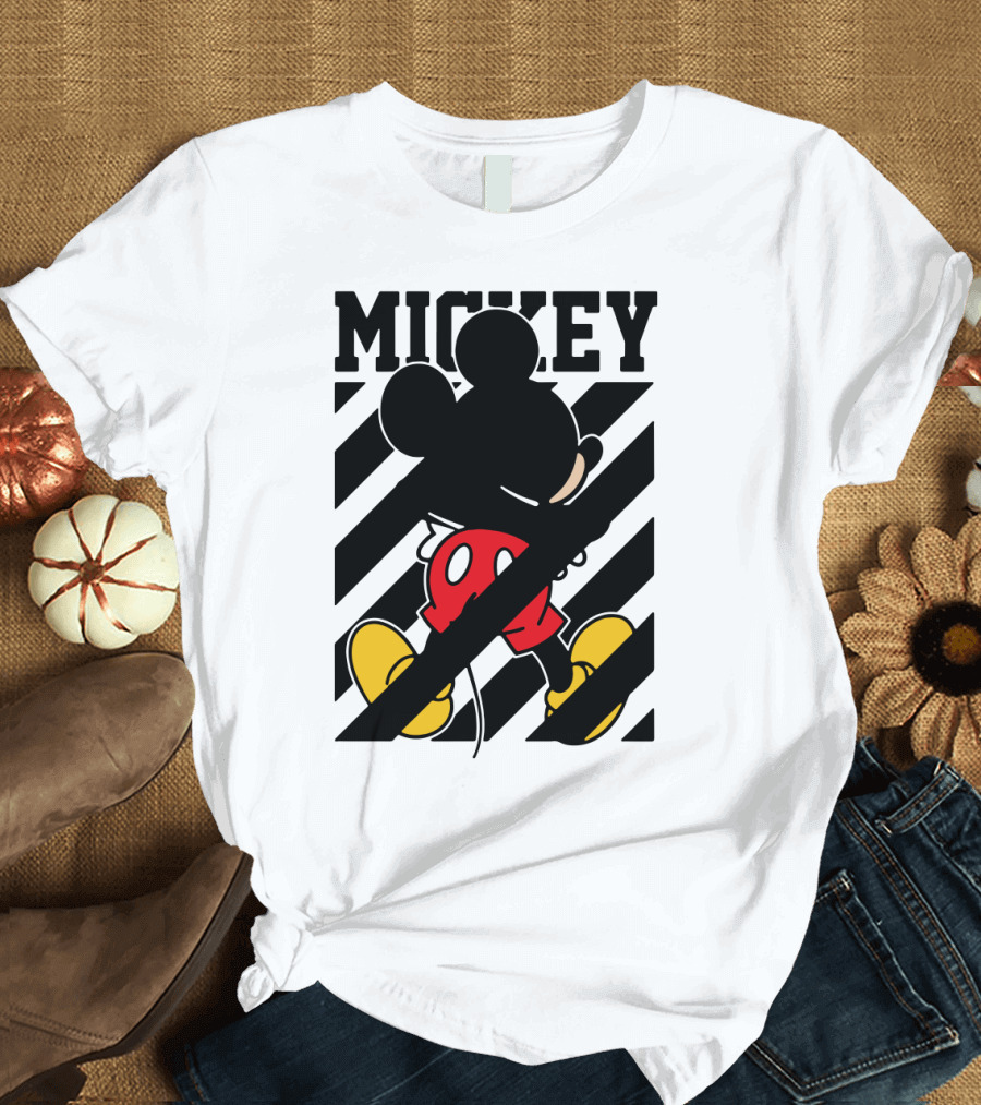 Mickey Mouse Black and White Stripes Red Yellow T-Shirt