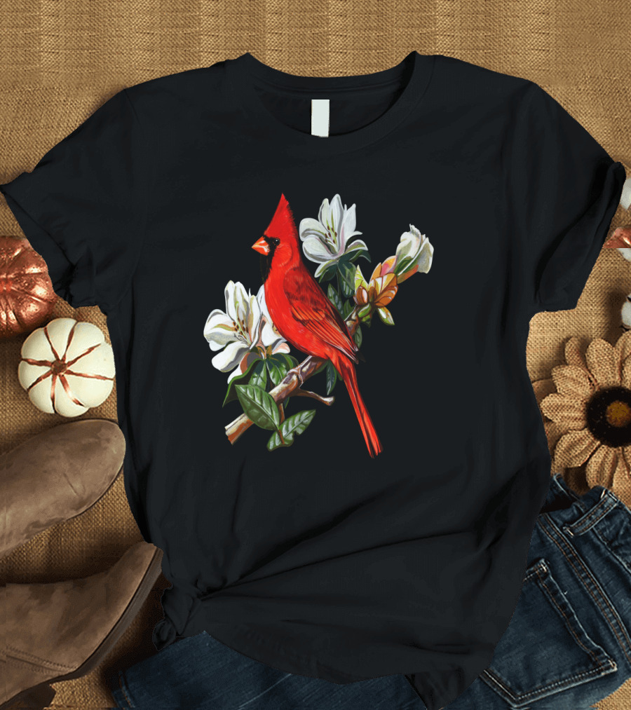 Cardinal Perched Among Magnolia Blossoms on Branch T-Shirt
