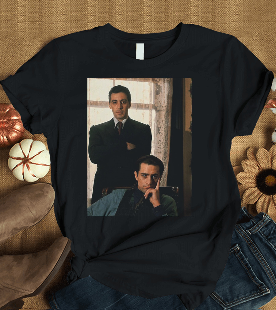 Iconic Scenes from The Godfather Film with Characters in Classic Suits T-Shirt