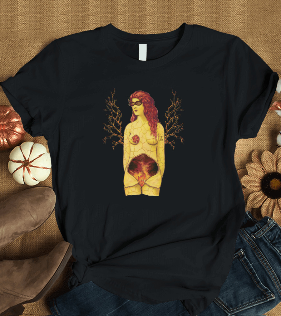 Cracked Fiery Woman with Symbolic Mask and Trees T-Shirt