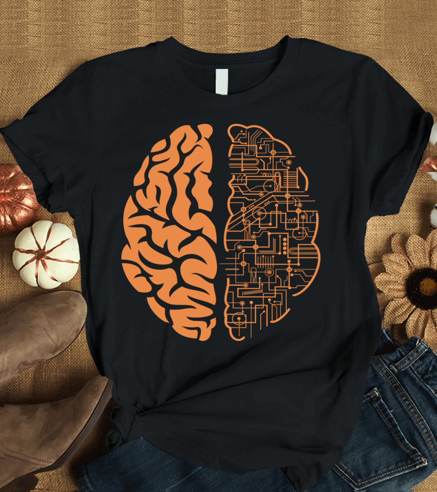Orange Brain Circuitry Half and Brain T-Shirt
