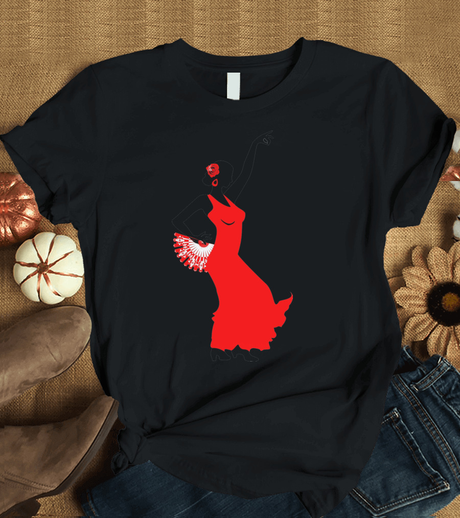 Flamenco Dancer in Red Dress with Fan and Rose Accessory T-Shirt