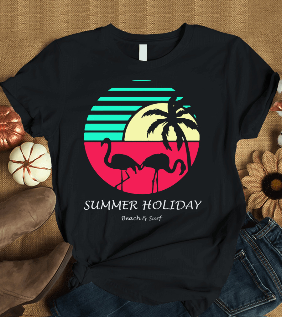 Summer Holiday Beach and Surf Sunset with Flamingos and Palm Tree T-Shirt