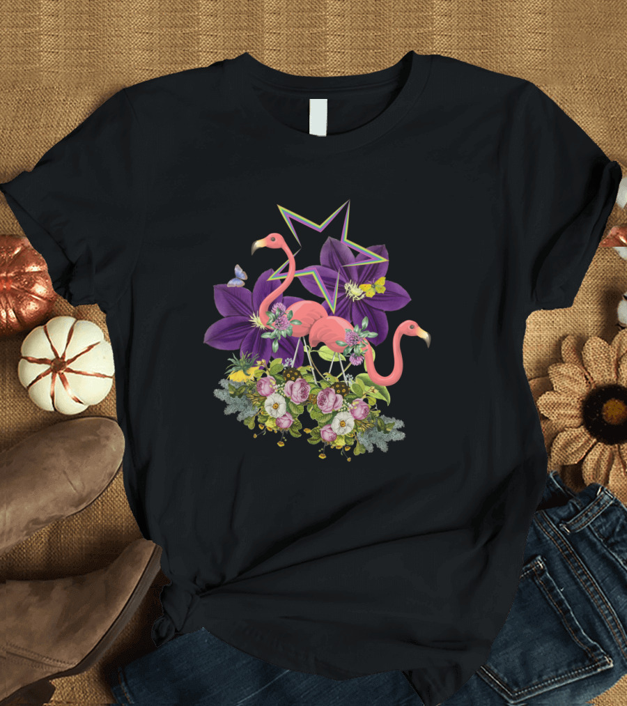Flamingos Floral Star with Butterflies and Purple Flowers T-Shirt