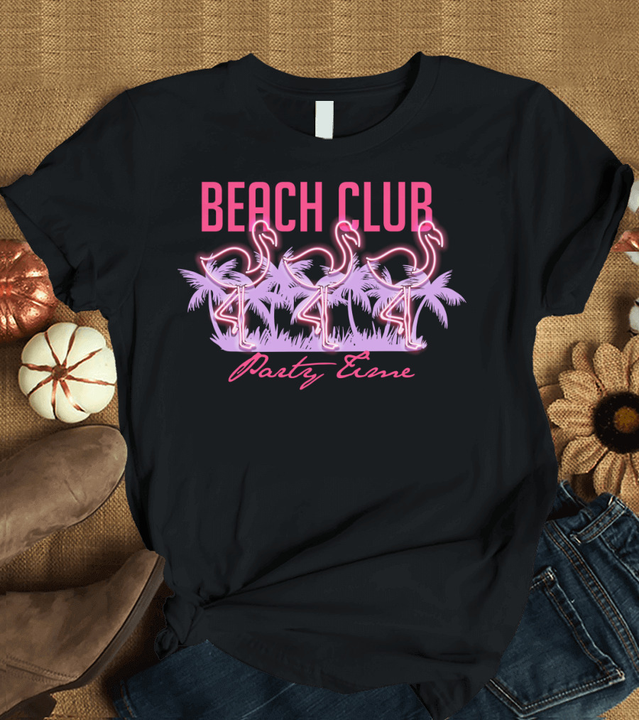 Beach Club Party Time Neon Flamingos and Palm Trees T-Shirt