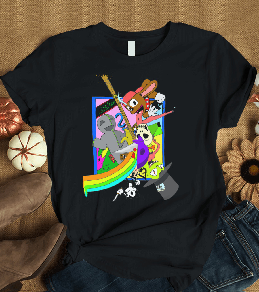 Sweet 600% Cartoon Collage with Vibrant Characters and Rainbow Brushstroke T-Shirt