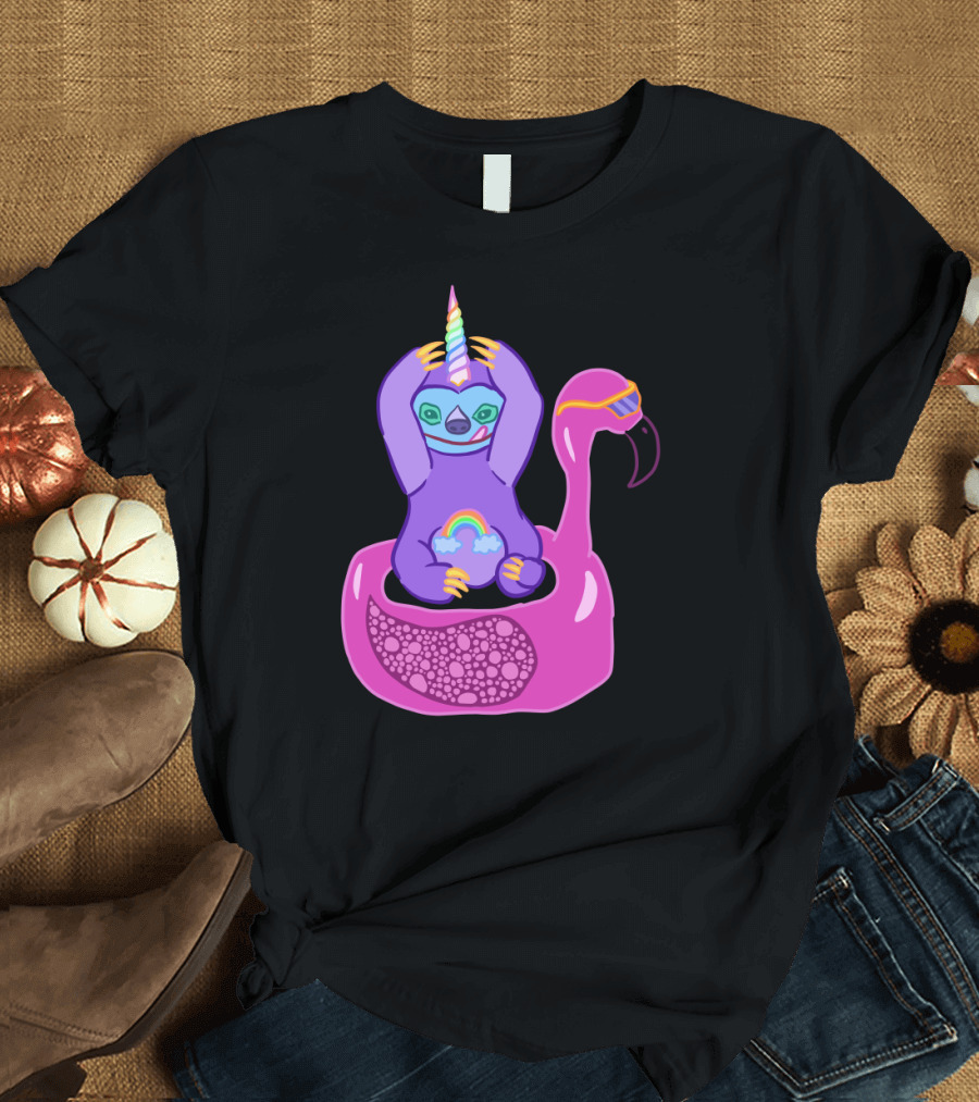 Adorable Sloth icorn Rainbow Flamingo Float T-Shirt