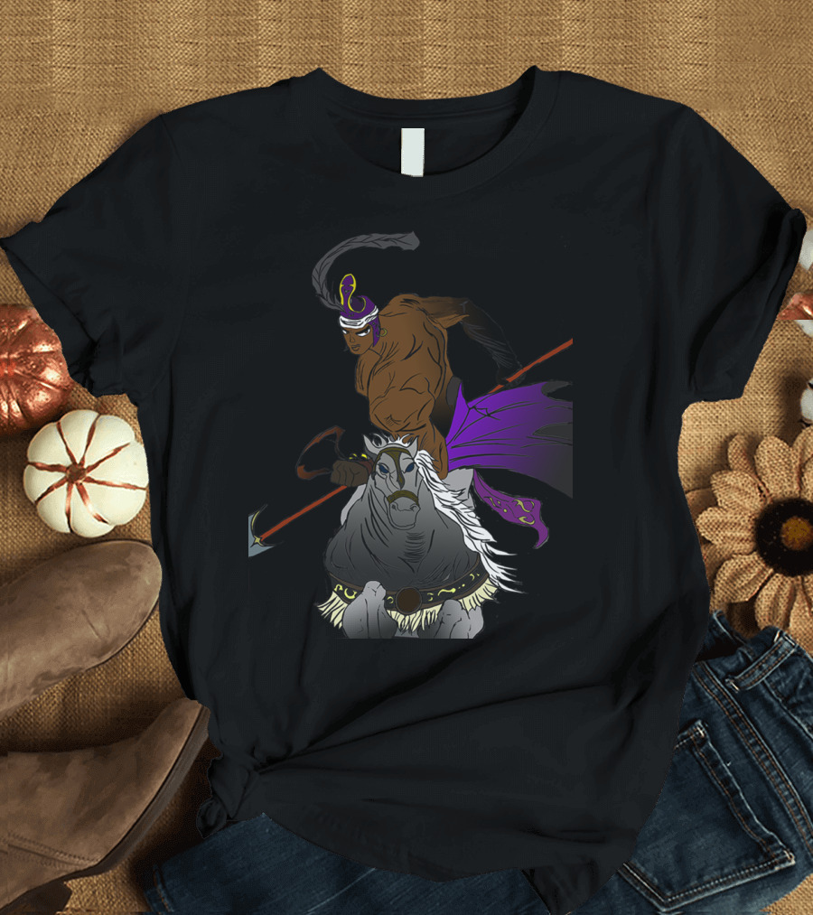 Sundiata Warrior Riding Horse with Spear and Purple Cape T-Shirt