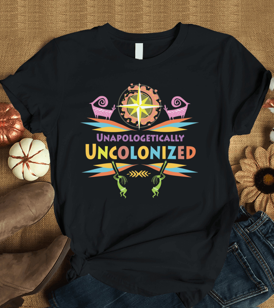 Unapologetically Uncolonized Vibrant Star and Tribal Elements with Spirals and Dancing Figures T-Shirt