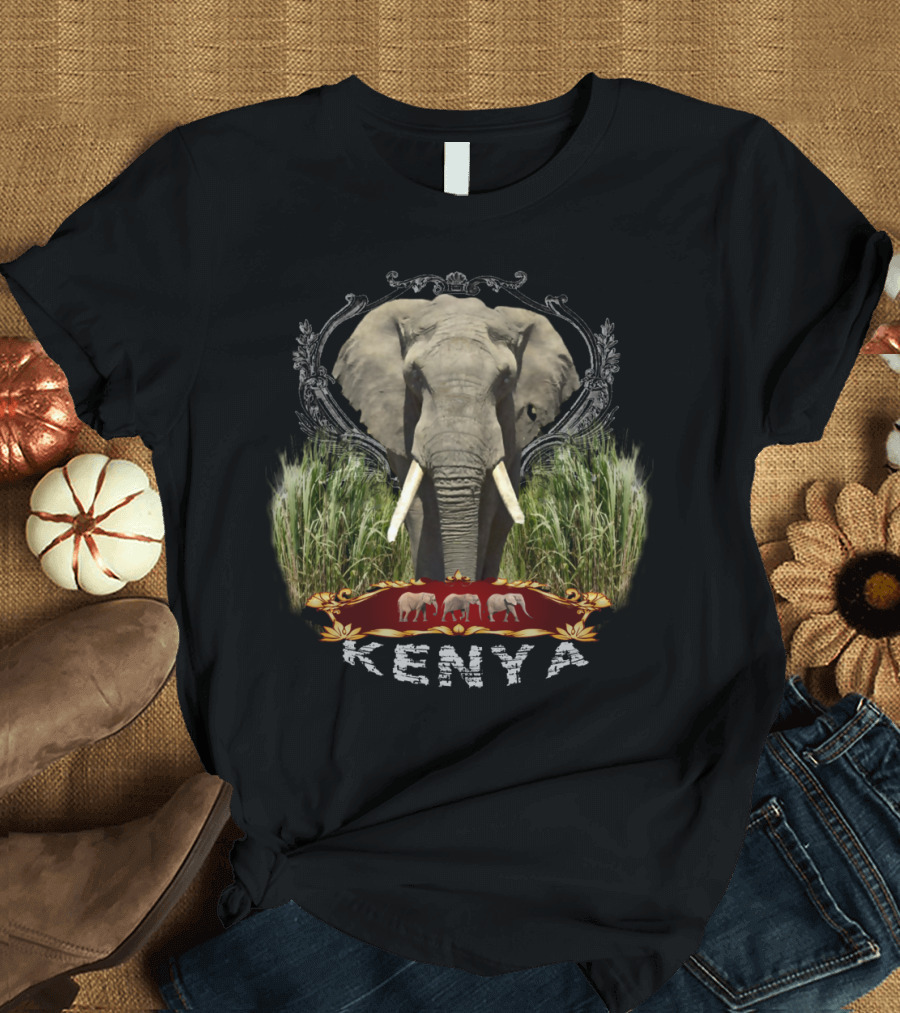 Kenya The African Elephant Surrounded by Savanna Grass with Decorative Frame T-Shirt
