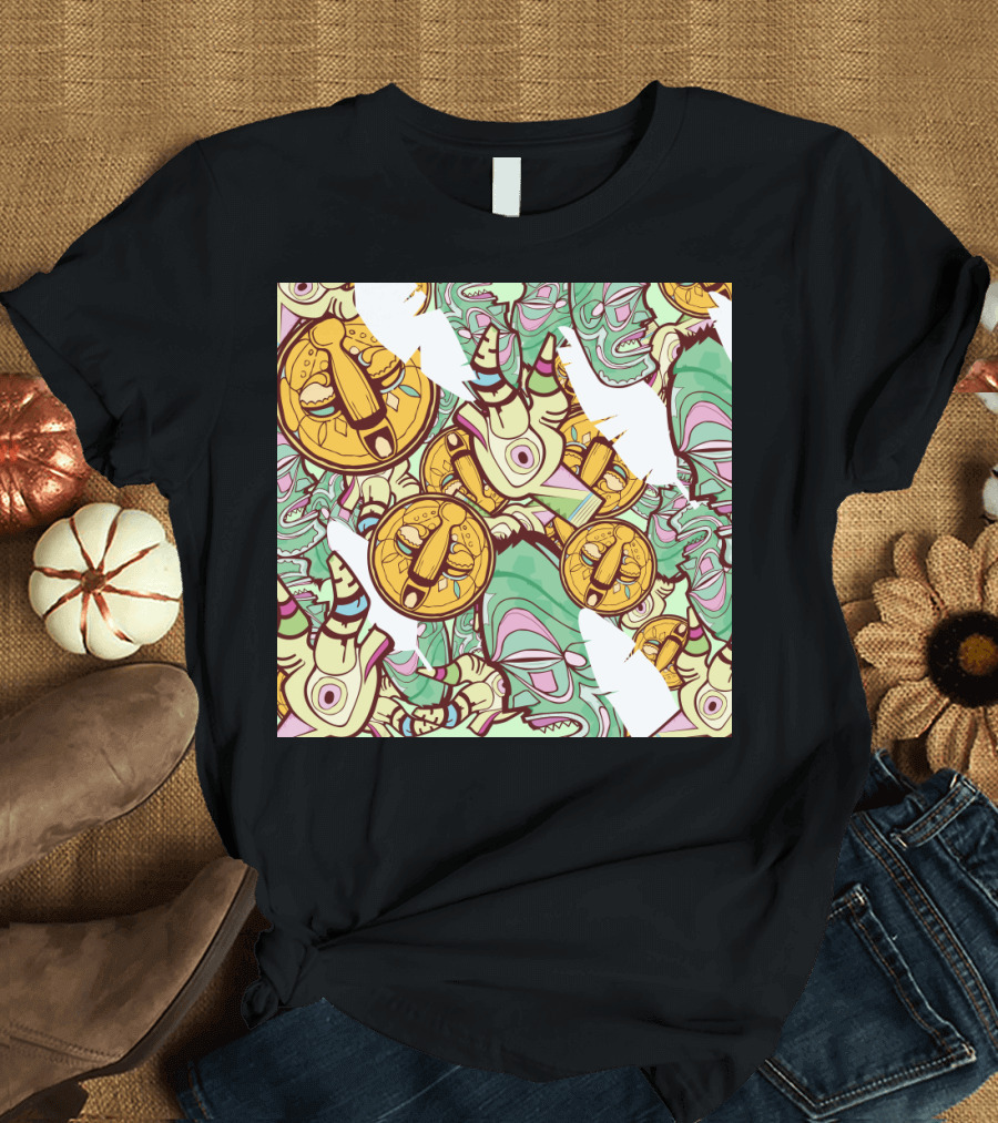 Mask Factory Day Edition Abstract Pattern Yellow Symbols and Green Twisted T-Shirt