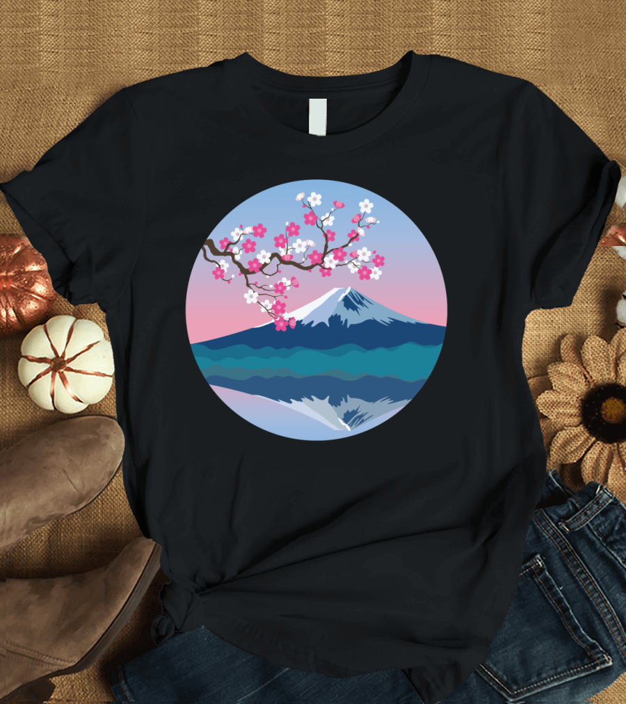 Mount Fuji with Cherry Blossoms Reflection in Springtime Scene T-Shirt
