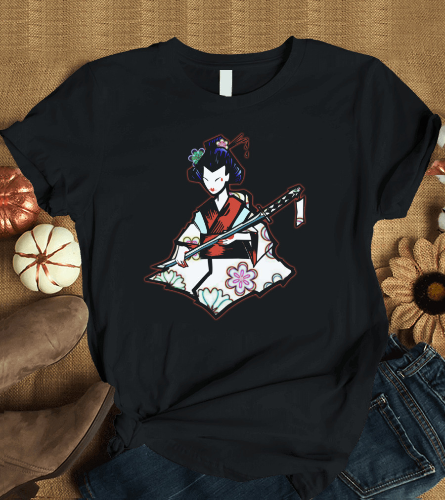 Elegant Geisha with Floral Kimono and Katana T-Shirt