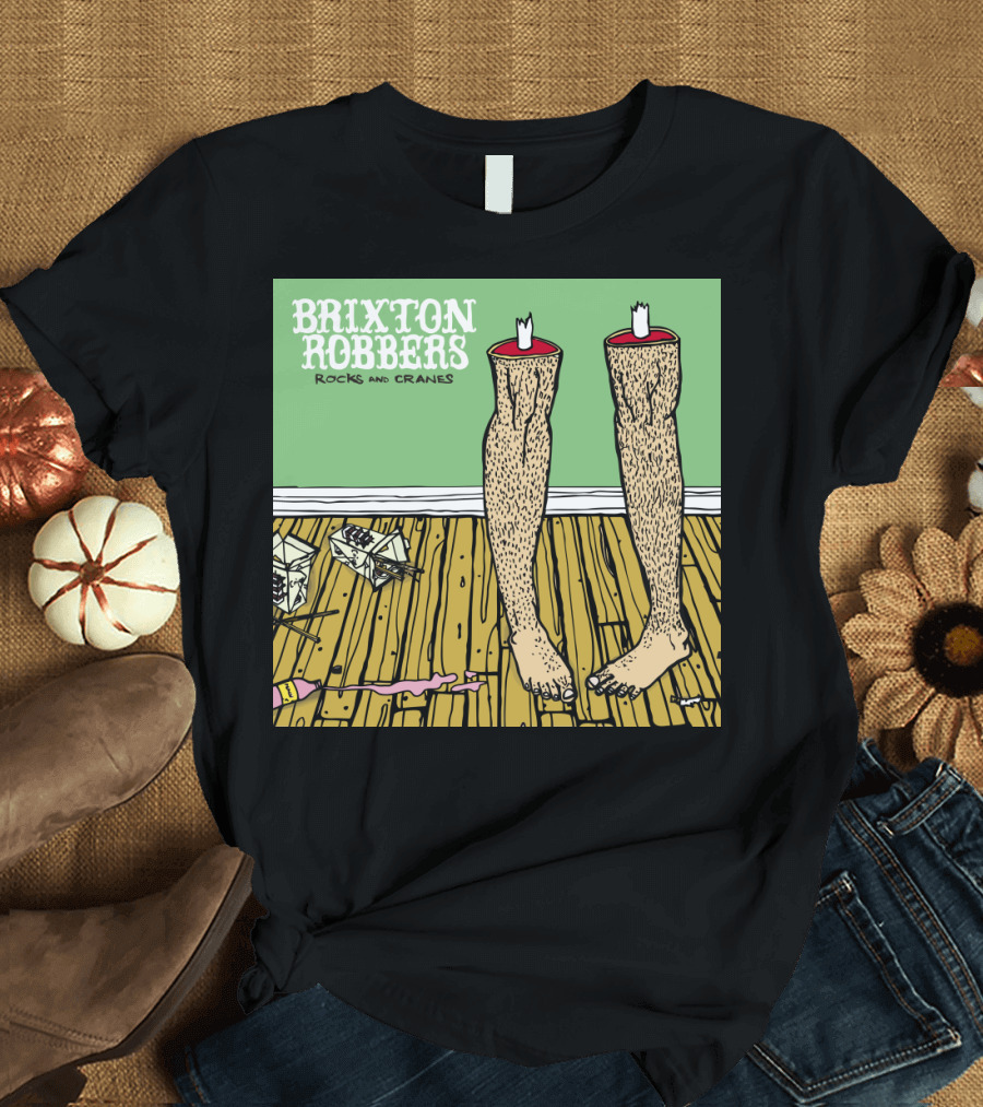 Brixton Robbers Rocks and Cranes Album Cover with Standing Legs on Wooden Floor and Origami Cranes T-Shirt