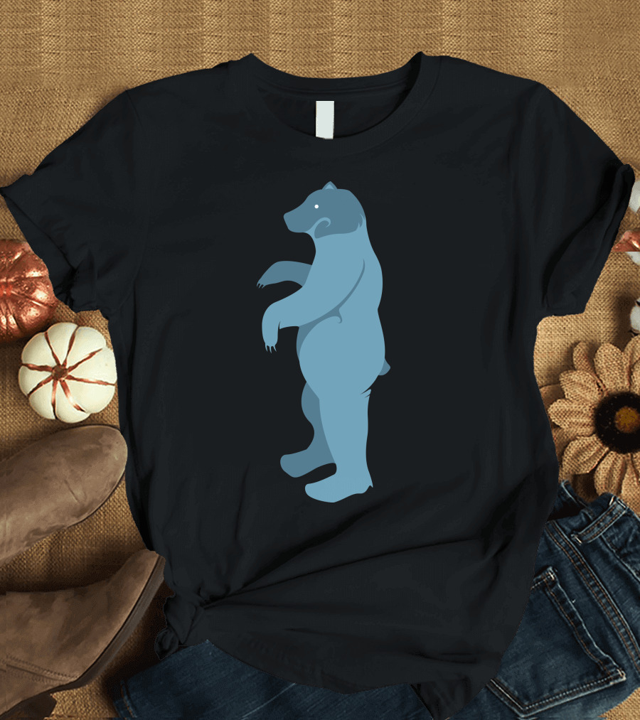 Blue Bear Standing Upright in Woodland-Themed T-Shirt