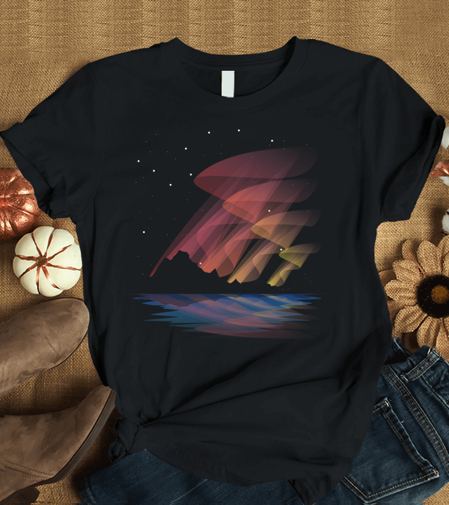 Mesmerizing Aurora Borealis Over Mountainous Landscape and Reflective Lake T-Shirt