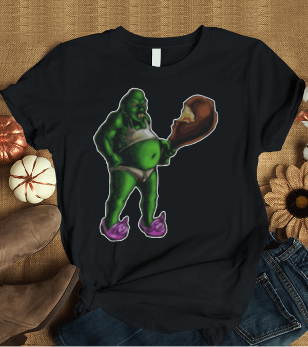 T-Shirt: On My Day Off Ogre Relaxing with Giant Drumstick in Purple Slippers T-Shirt On My Day Off Ogre Relaxing with Giant Drumstick in Purple Slippers T-Shirt