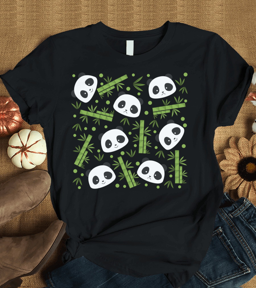 Giant Panda Bear Faces with Green Bamboo T-Shirt