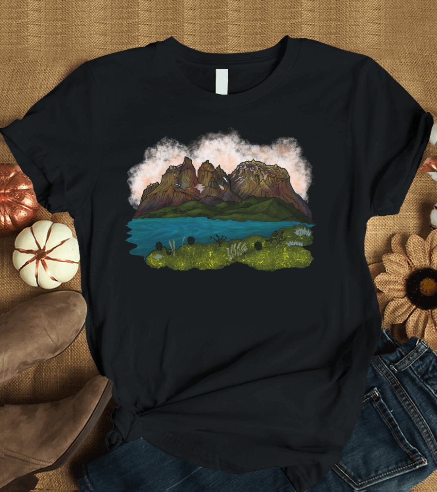 Cuernos del Paine Scenic Mountain Landscape with Lake and Vibrant Greenery T-Shirt