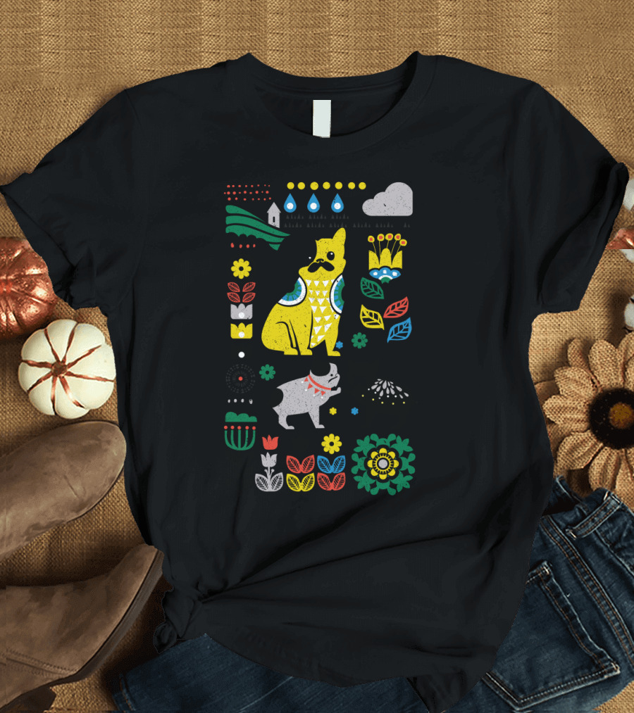 Scandinavian Folk Art Style French Bulldogs with Colorful Floral and Geometric T-Shirt