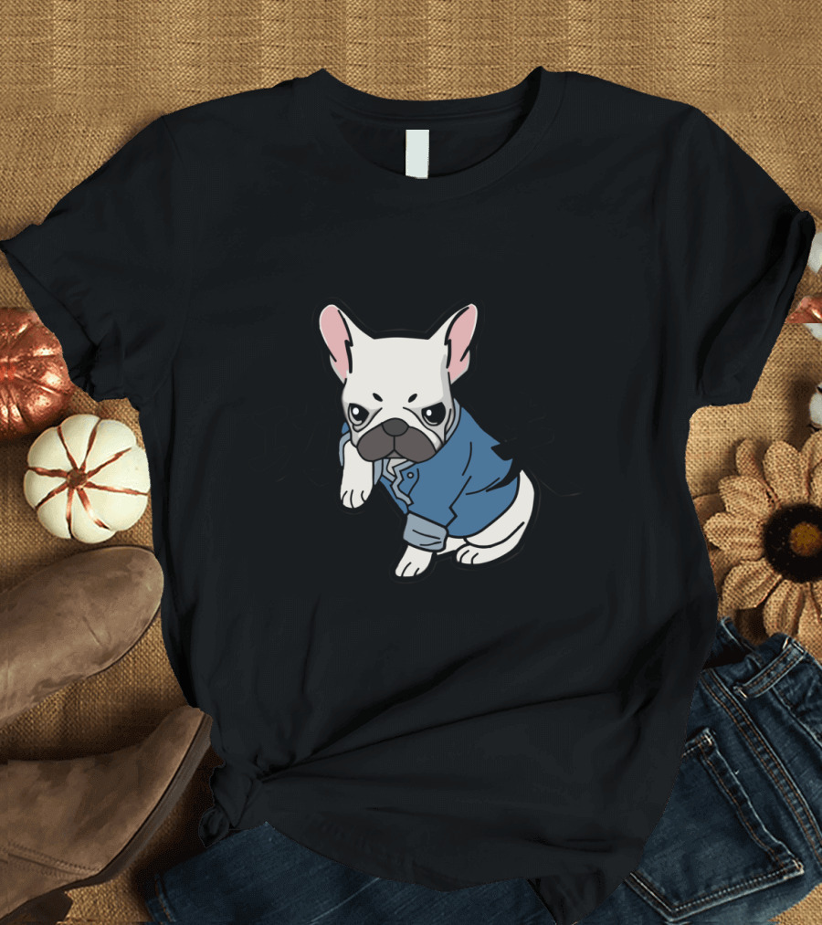Martial Arts French Bulldog in Blue Shirt with Kung Fu Characters T-Shirt