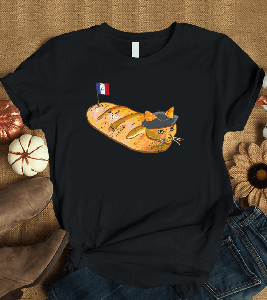 French Bread Cat Loaf Wearing Beret with French Flag T-Shirt