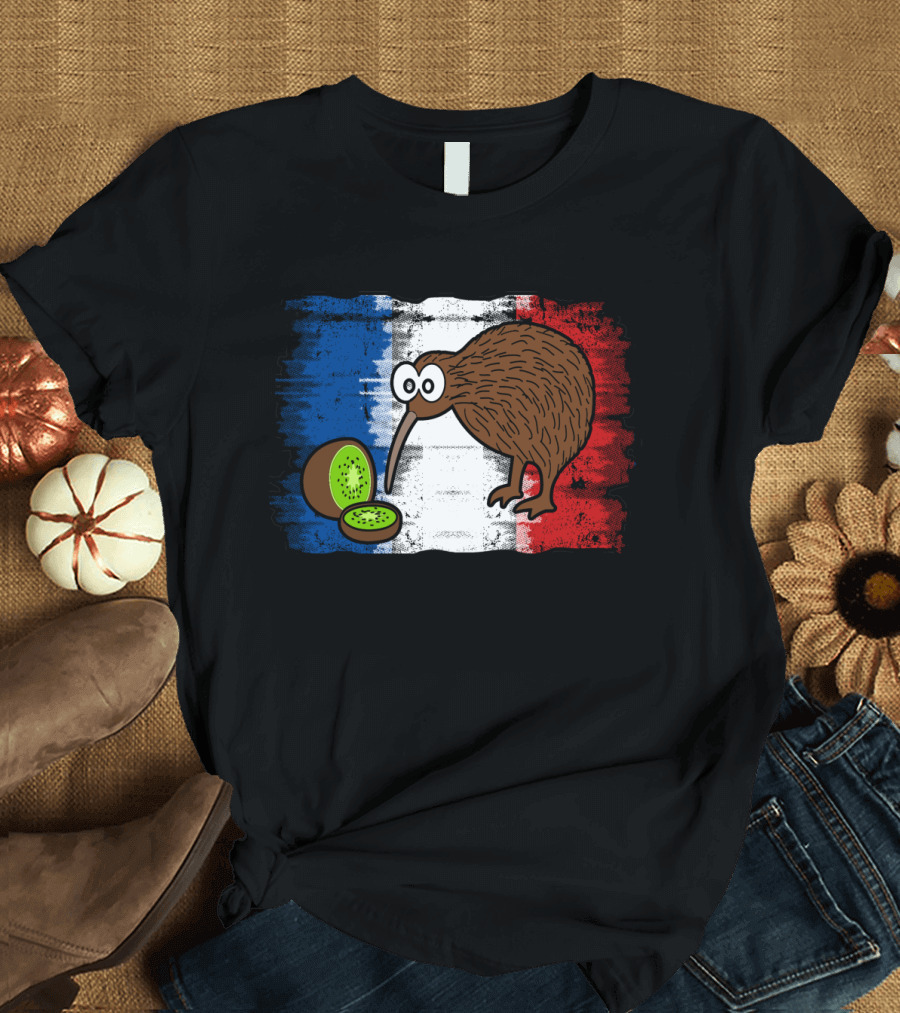French Kiwi Bird with Kiwi Fruit on French Flag Background T-Shirt