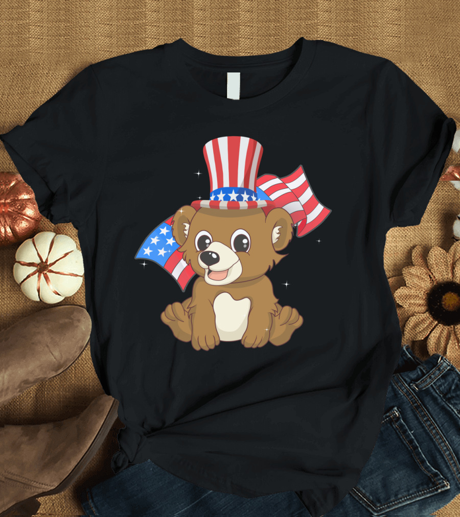 Patriotic Cute Bear with American Flag Hat for Independence Day July T-Shirt