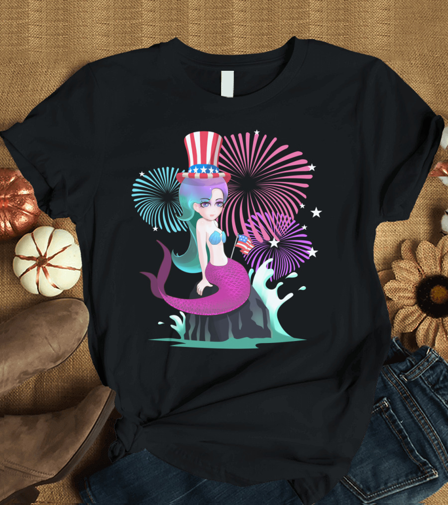 Patriot Mermaid with American Flag and Fireworks for Independence Day T-Shirt