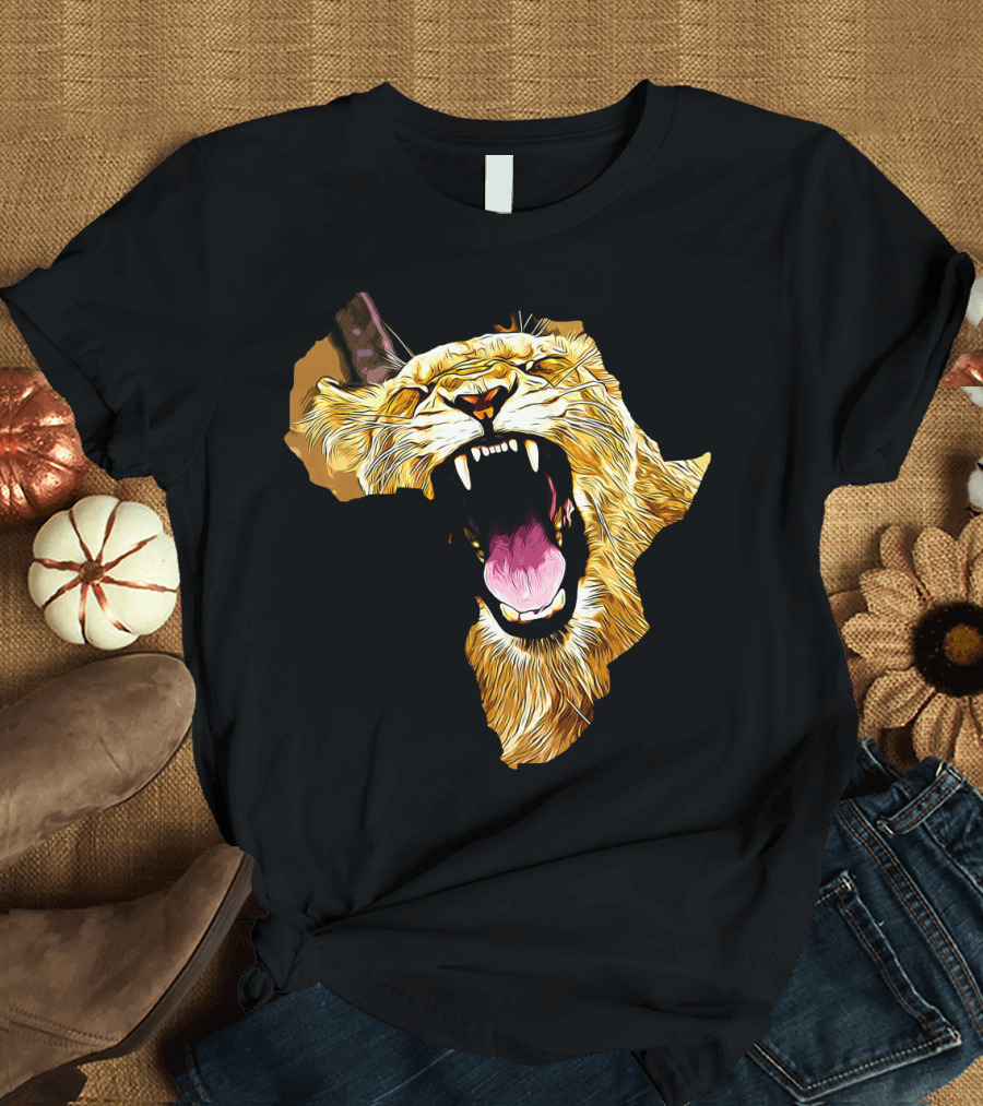 Africa Continent Silhouette with Roaring Lioness Safari Cat Vector T-Shirt