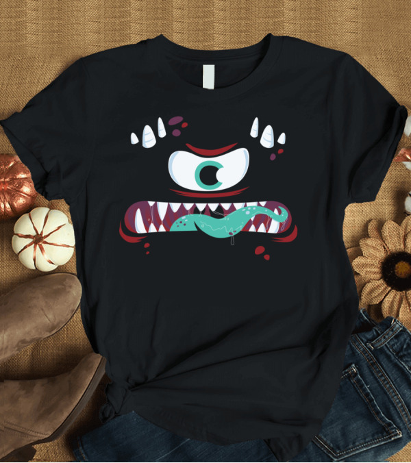 T-Shirt: One-Eyed Mad Monster Face with Sharp Teeth and Spiky Details T-Shirt One-Eyed Mad Monster Face with Sharp Teeth and Spiky Details T-Shirt