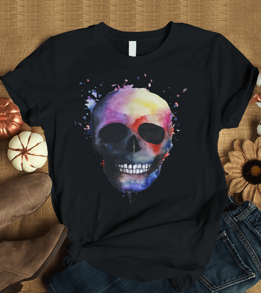 Vibrant Multicolor Skull with Abstract Splash Effects T-Shirt