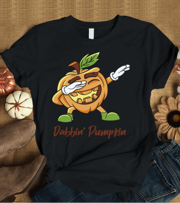 T-Shirt: Dabbin Pumpkin Character Featuring Playful Pose and Leafy Green Boots T-Shirt Dabbin Pumpkin Character Featuring Playful Pose and Leafy Green Boots T-Shirt