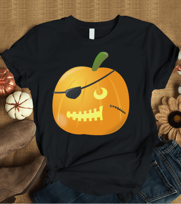 T-Shirt: Pirate Pumpkin Halloween Jack-O'-Lantern with Eye Patch and Stitched Scar T-Shirt Pirate Pumpkin Halloween Jack-O'-Lantern with Eye Patch and Stitched Scar T-Shirt