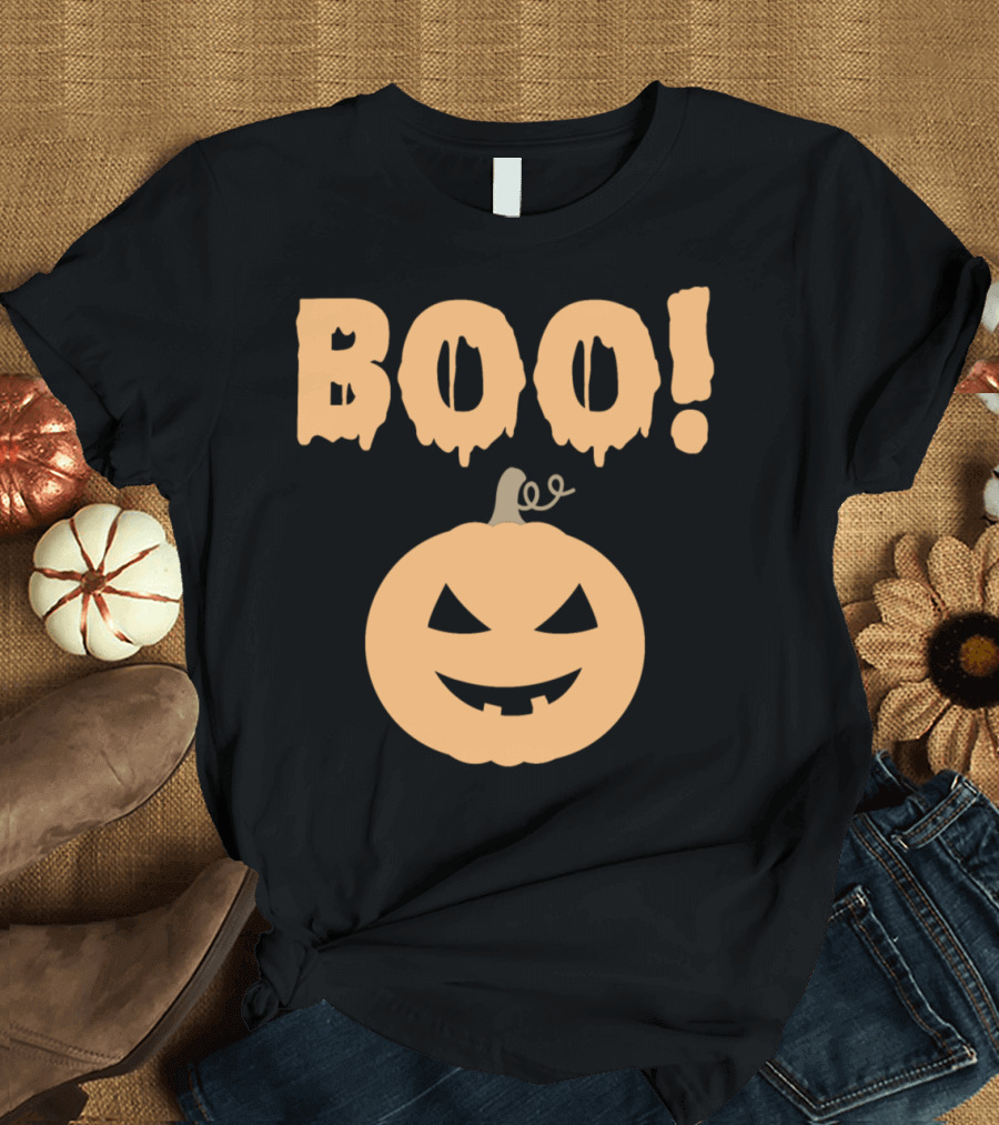 BOO Pumpkin Halloween Orange Jack-O'-Lantern Face T-Shirt