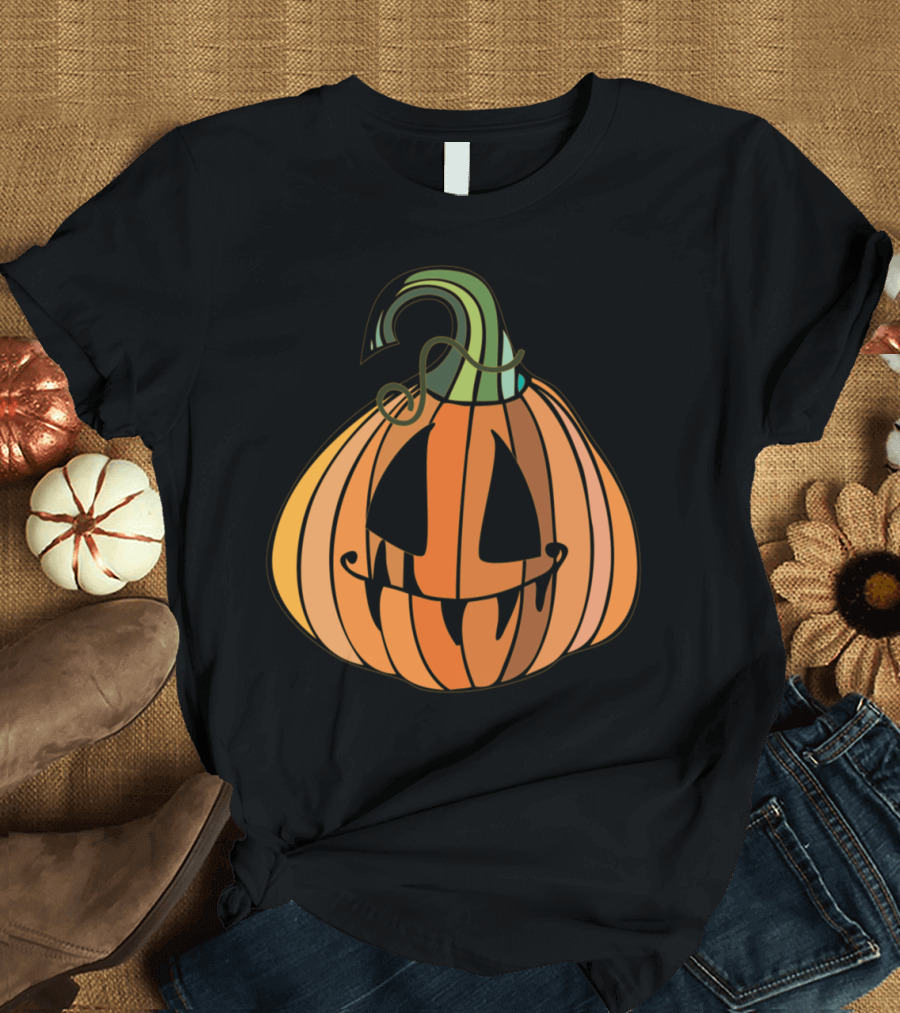 Sad Pumpkin Halloween Cartoon Face with Dripping Black Eyes and Wavy Stem T-Shirt