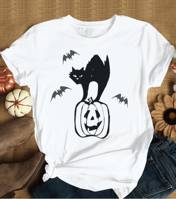 T-Shirt: Black Cat Arched on Jack-O'-Lantern with Flying Bats Halloween T-Shirt Black Cat Arched on Jack-O'-Lantern with Flying Bats Halloween T-Shirt