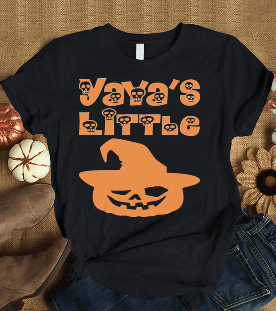 Yaya's Little Pumpkin Halloween Jack-O'-Lantern with Witch Hat and Skull Letters T-Shirt