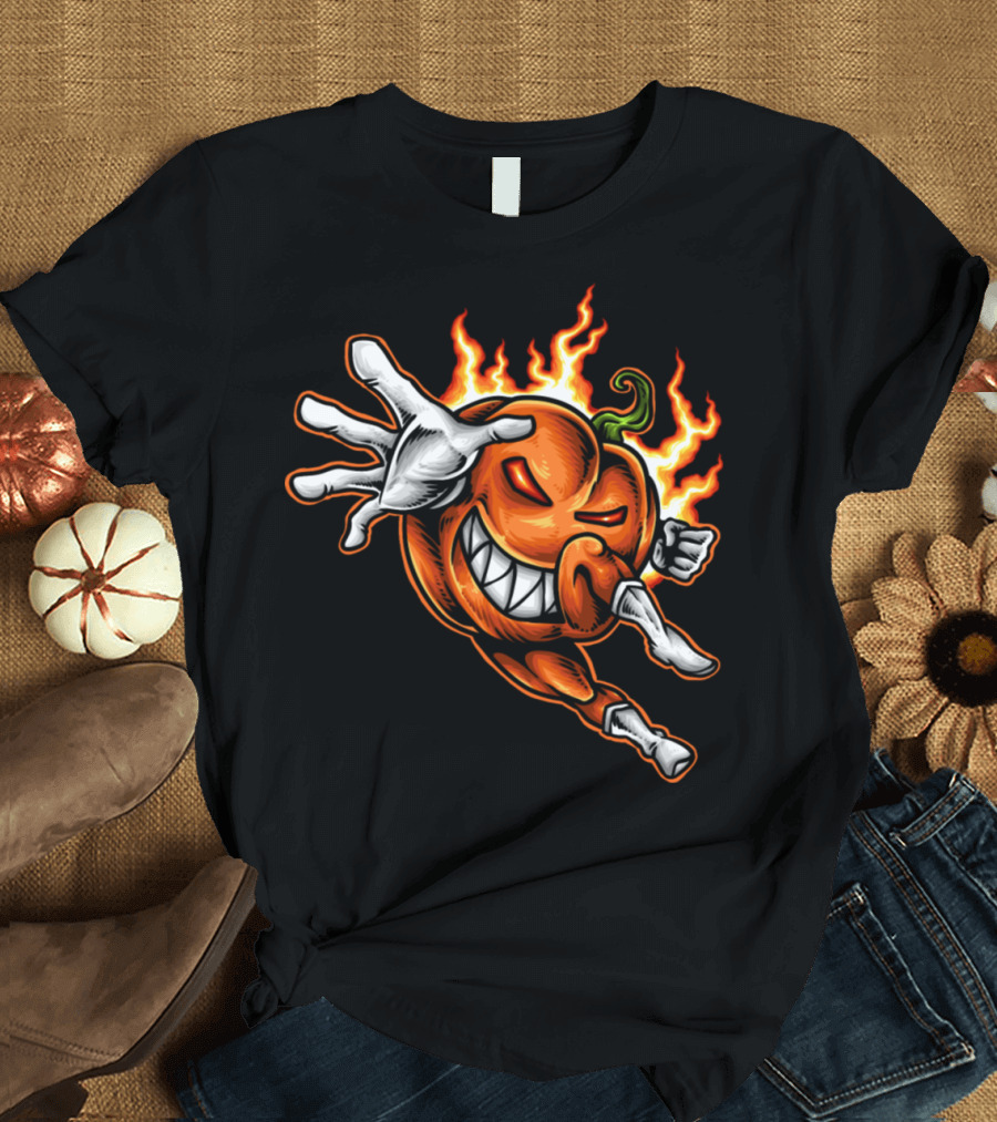 Heroic Flaming Pumpkin Superhero with Fierce Pose and Determined Expression T-Shirt